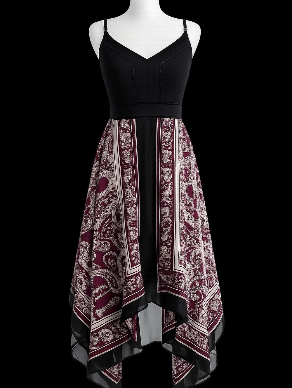 White House Black Market Black and Plum Paisley High-Low Silk Dress